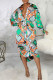 Green Yellow Casual Print Patchwork Buckle Turndown Collar Shirt Dress Dresses