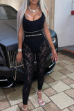 Black Sexy Print Lace Letter U Neck Skinny Jumpsuits