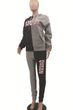Red Casual Letter Print Patchwork Pocket Hooded Collar Long Sleeve Two Pieces