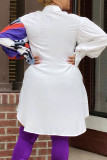 White Casual Print Patchwork Buckle Turndown Collar Shirt Dress Dresses
