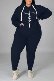 Black Casual Print Split Joint Hooded Collar Plus Size Two Pieces