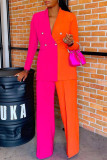 Red Orange Casual Solid Patchwork Buckle Turn-back Collar Long Sleeve Two Pieces