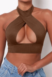 Brown Sexy Solid Bandage Hollowed Out Split Joint Halter Tops