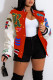 Tangerine Red Casual Street Print Patchwork Buckle Outerwear