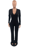 Black Sexy Solid Patchwork V Neck Boot Cut Jumpsuits