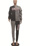 Red Casual Letter Print Patchwork Pocket Hooded Collar Long Sleeve Two Pieces