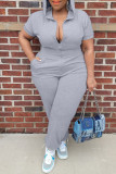 White Fashion Casual Solid Basic Zipper Collar Plus Size Jumpsuits