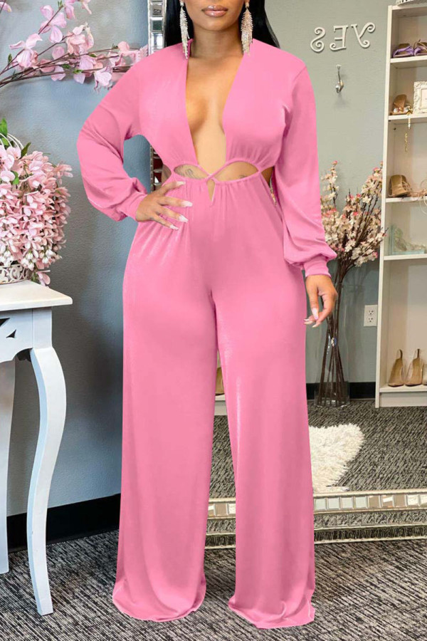 Pink Sexy Solid Hollowed Out Patchwork Asymmetrical Collar Straight Jumpsuits