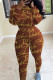 Light Brown Casual Street Print Patchwork O Neck Long Sleeve Two Pieces