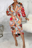 Turquoise Casual Print Patchwork Buckle Turndown Collar Shirt Dress Dresses