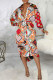 Red Orange Casual Print Patchwork Buckle Turndown Collar Shirt Dress Dresses