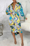Turquoise Casual Print Patchwork Buckle Turndown Collar Shirt Dress Dresses