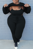 Black Sexy Solid Split Joint O Neck Plus Size Three Pieces