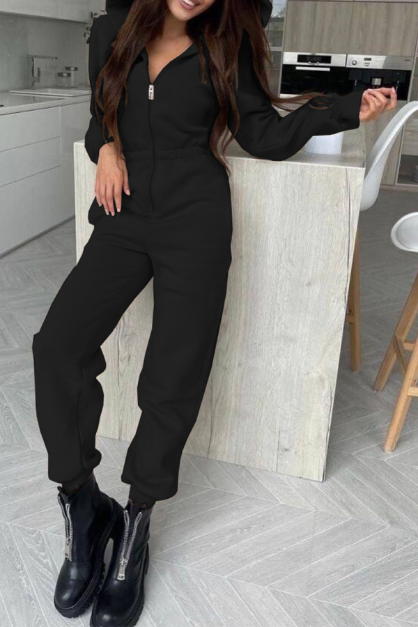 Black Casual Solid Patchwork Hooded Collar Harlan Jumpsuits