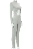 Grey Sexy Solid Hollowed Out Patchwork Asymmetrical Half A Turtleneck Long Sleeve Two Pieces