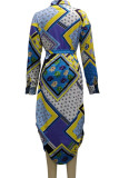 Turquoise Casual Print Patchwork Buckle Turndown Collar Shirt Dress Dresses