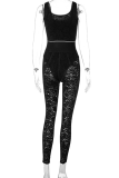 Black Sexy Print Lace Letter U Neck Skinny Jumpsuits