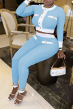 Blue Sexy Solid Buckle O Neck Long Sleeve Two Pieces