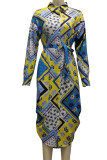 Turquoise Casual Print Patchwork Buckle Turndown Collar Shirt Dress Dresses