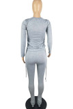 Grey Casual Solid Patchwork Draw String Fold O Neck Long Sleeve Two Pieces