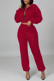 Red Sexy Solid Patchwork Sequins Zipper Zipper Collar Long Sleeve Two Pieces