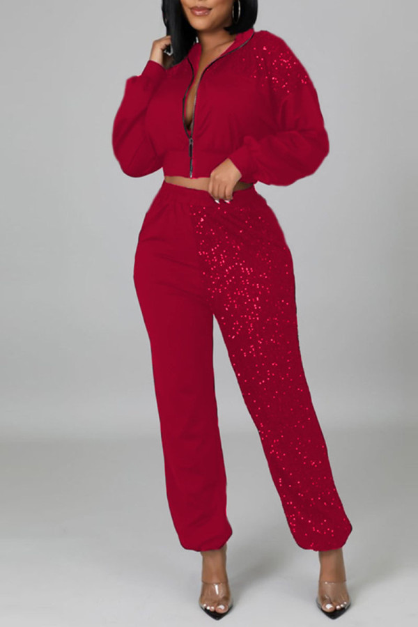 Red Sexy Solid Patchwork Sequins Zipper Zipper Collar Long Sleeve Two Pieces