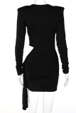 Black Sexy Solid Hollowed Out O Neck Pencil Skirt Dresses