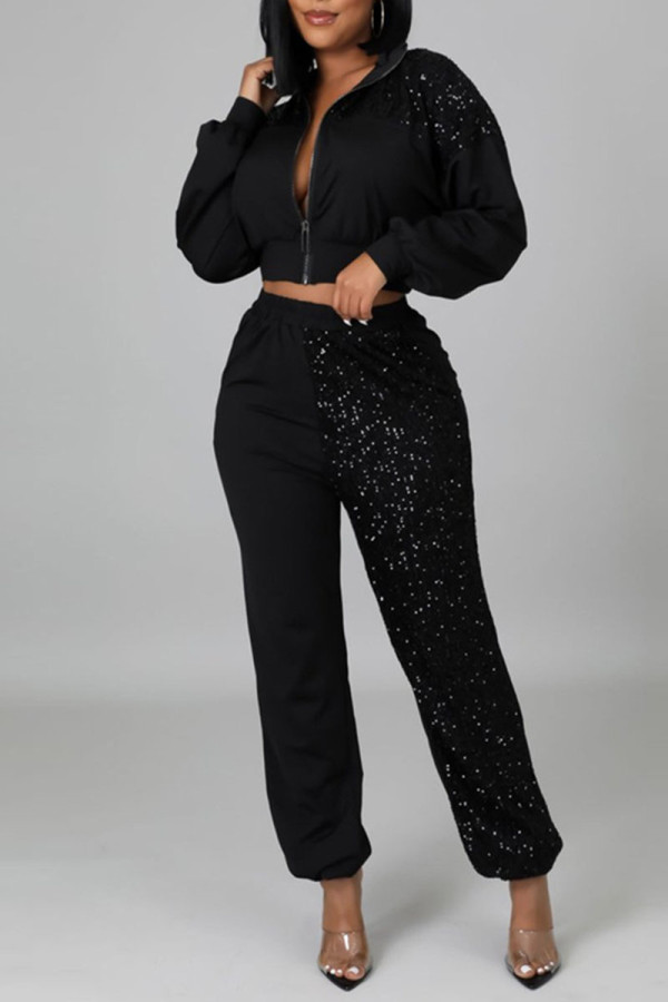 Black Sexy Solid Patchwork Sequins Zipper Zipper Collar Long Sleeve Two Pieces
