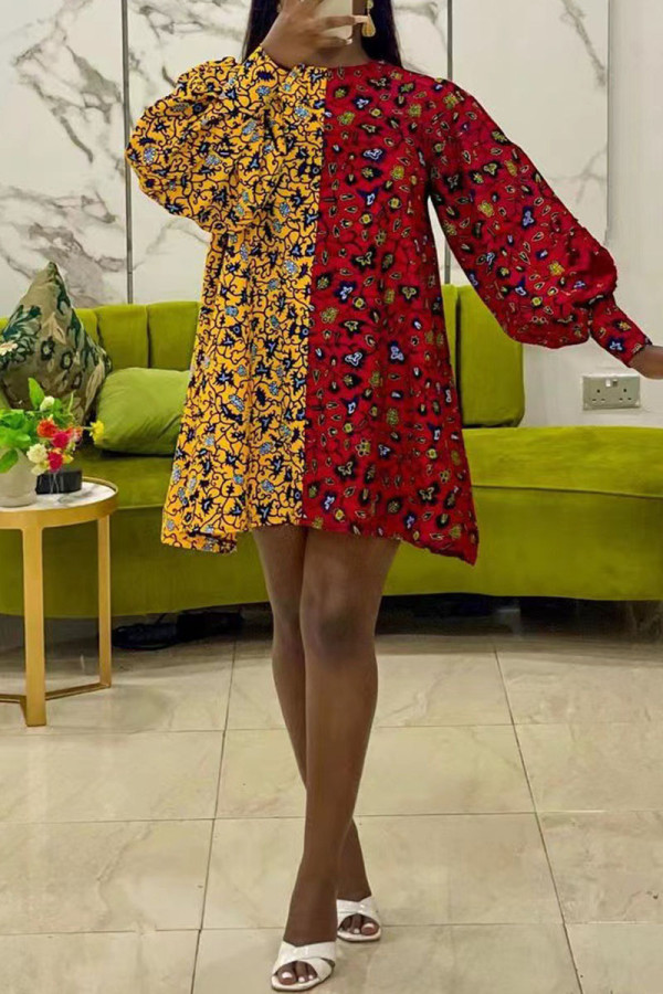 Multicolor Sweet Print Patchwork O Neck A Line Dresses
