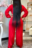 Red Sexy Solid Hollowed Out Patchwork Asymmetrical Collar Straight Jumpsuits