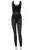 Black Sexy Print Lace Letter U Neck Skinny Jumpsuits