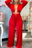 Red Sexy Solid Hollowed Out Patchwork Asymmetrical Collar Straight Jumpsuits