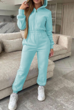 Light Blue Casual Solid Patchwork Hooded Collar Harlan Jumpsuits
