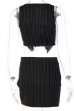 Black Sexy Striped Split Joint V Neck Sleeveless Two Pieces