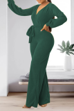 Green Casual Solid Patchwork V Neck Straight Jumpsuits