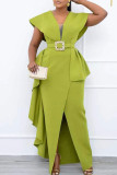 Red Elegant Solid Patchwork Flounce With Belt Asymmetrical V Neck One Step Skirt Dresses