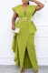 Green Elegant Solid Patchwork Flounce With Belt Asymmetrical V Neck One Step Skirt Dresses