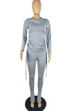 Grey Casual Solid Patchwork Draw String Fold O Neck Long Sleeve Two Pieces