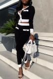 Black Casual Solid Buckle O Neck Long Sleeve Two Pieces