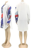 White Casual Print Patchwork Buckle Turndown Collar Shirt Dress Dresses