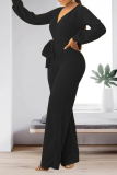 Green Casual Solid Patchwork V Neck Straight Jumpsuits