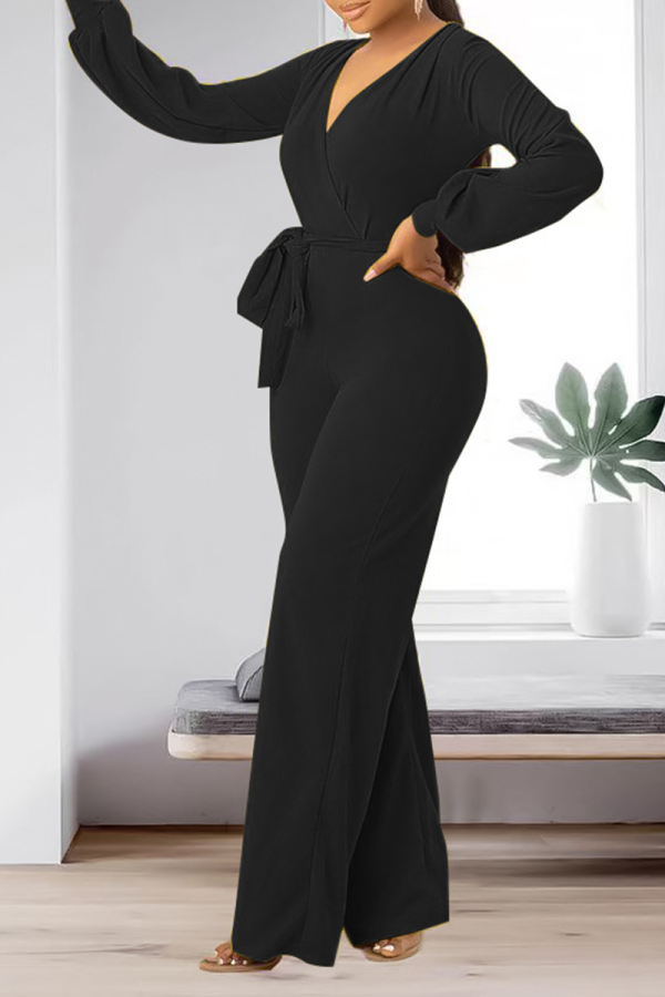 Black Casual Solid Patchwork V Neck Straight Jumpsuits