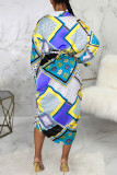 Turquoise Casual Print Patchwork Buckle Turndown Collar Shirt Dress Dresses