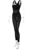 Black Sexy Print Lace Letter U Neck Skinny Jumpsuits