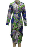 Turquoise Casual Print Patchwork Buckle Turndown Collar Shirt Dress Dresses