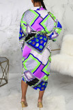 Turquoise Casual Print Patchwork Buckle Turndown Collar Shirt Dress Dresses