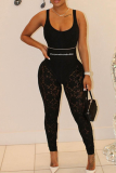 Black Sexy Print Lace Letter U Neck Skinny Jumpsuits