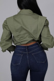 Green Casual Solid Split Joint Buckle Turndown Collar Tops