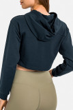 Deep Blue Casual Solid Patchwork Hooded Collar Tops