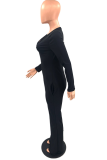 Black Sexy Solid Patchwork V Neck Boot Cut Jumpsuits